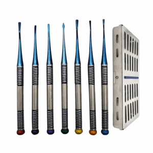 Set of 7 Mini Root Elevators with Plasma Coated Tips and Cassette
